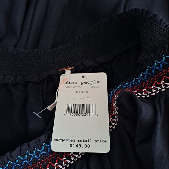 Free People Sunbeam Black Embroidered Off Shoulder Boho Peasant Tunic Dress M - Picture 9 of 9